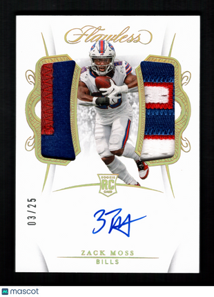 Zack Moss 2020 Panini Flawless #RDPA-ZM Gold /25 Dual Patch RC Auto Bills