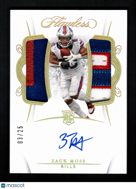 Zack Moss 2020 Panini Flawless #RDPA-ZM Gold /25 Dual Patch RC Auto Bills