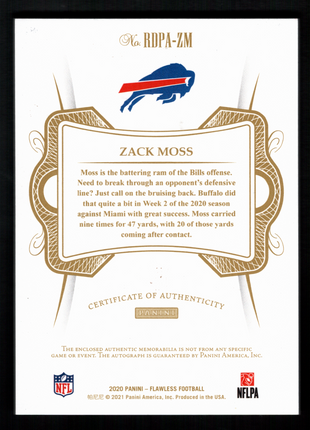 Zack Moss 2020 Panini Flawless #RDPA-ZM Gold /25 Dual Patch RC Auto Bills
