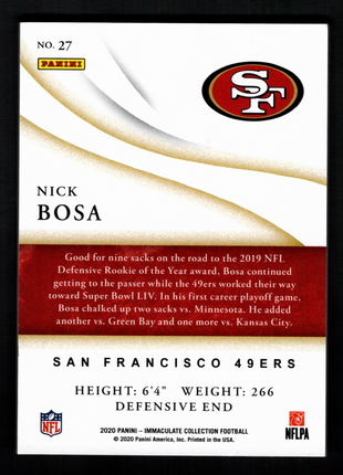 Nick Bosa 2020 Panini Immaculate Collection #27 Sapphire /10 SF 49ers