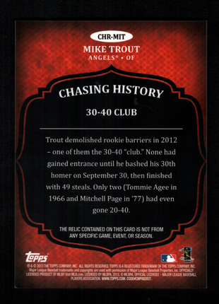 Mike Trout 2013 Topps #CHR-MIT Chasing History Relics Game-Used Patch Angels