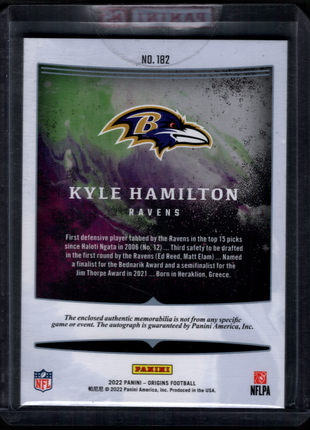 Kyle Hamilton 2022 Panini Origins #182 Rookie Patch Autograph RC Auto Sealed