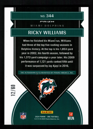 Ricky Williams 2025 Panini One #344 Red /60 Once in a Franchise Auto Dolphins