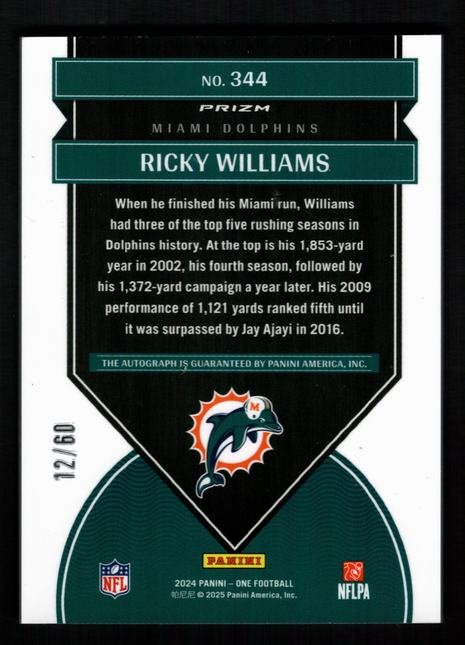Ricky Williams 2025 Panini One #344 Red /60 Once in a Franchise Auto Dolphins