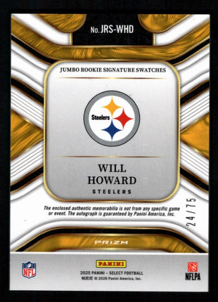 Will Howard 2025 Panini Select #JRS-WHD White Prizm /75 Rookie Patch Auto