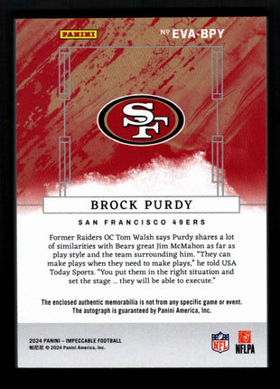 Brock Purdy 2024 Panini Impeccable #EVA-BPY Gold /15 Patch Autograph Auto 49ers