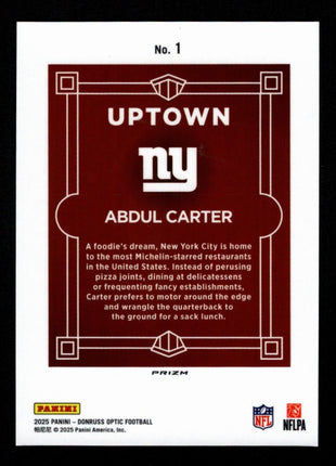Abdul Carter 2025 Panini Donruss Optic #1 Uptown RC SSP Case Hit Giants
