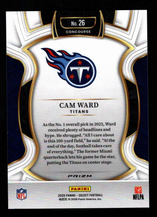 Cam Ward 2025 Panini Select #26 Zebra Prizm RC Case Hit SSP Titans