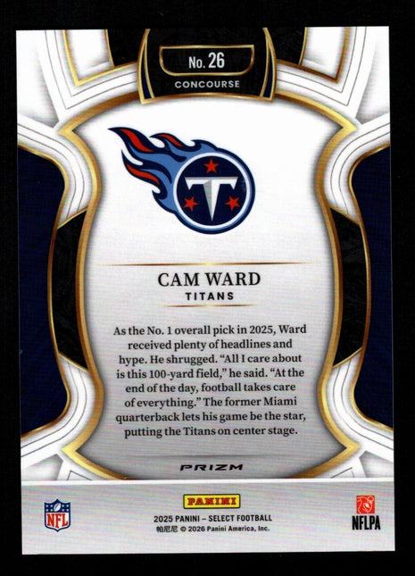 Cam Ward 2025 Panini Select #26 Zebra Prizm RC Case Hit SSP Titans