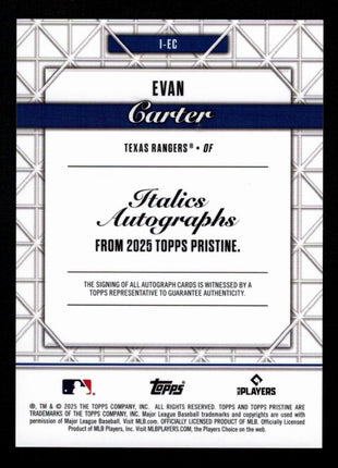 Evan Carter 2025 Topps Pristine #I-EC Italics Autographs Red Refractor /5 Auto