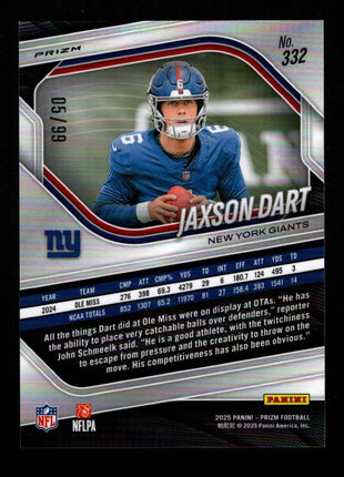 Jaxson Dart 2025 Panini Prizm #332 No Huddle Red Disco /99 RC NY Giants
