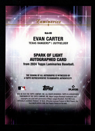 Evan Carter 2024 Topps Luminaries #SLA-EC Spark of Light Blue /5 RC Auto Rangers