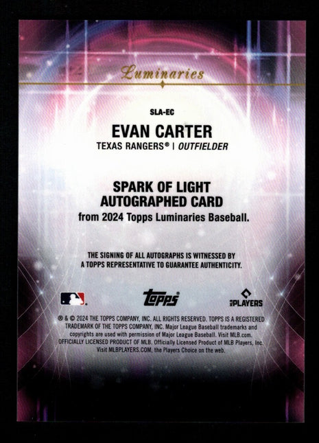 Evan Carter 2024 Topps Luminaries #SLA-EC Spark of Light Blue /5 RC Auto Rangers