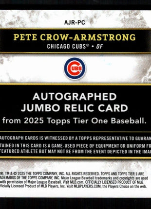 Pete Crow-Armstrong 2025 Topps Tier One #AJR-PC Blue /99 Patch Auto Chicago Cubs