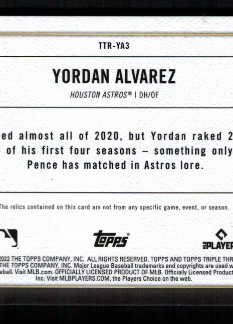 Yordan Alvarez 2022 Topps Triple Threads #TTR-YA3 Sapphire /3 Game-Worn Patch