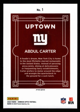 Abdul Carter 2025 Panini Donruss Optic #1 Uptown Case Hit SSP Giants