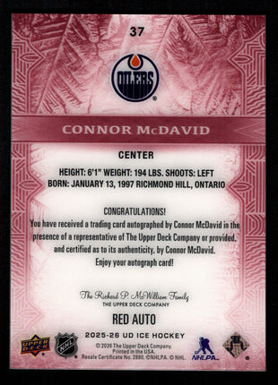 Connor McDavid 2025-26 Upper Deck Ice Hockey #37 Red Auto Autograph SSP Oilers