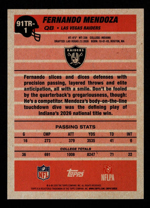 Fernando Mendoza 2026 Topps #91TR-1 91 Tribute Silver Foil Crackle RC Raiders