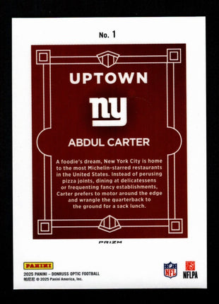 Abdul Carter 2025 Panini Donruss Optic #1 Uptown RC SSP Case Hit Giants