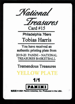 Tobias Harris 2019-20 Panini National Treasures #15 1/1 Yellow Printing Plate