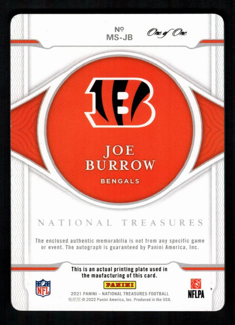 Joe Burrow 2021 National Treasures Black Printing Plate 1/1 Patch Auto Bengals