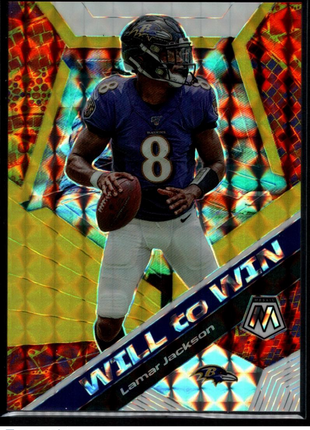 Lamar Jackson 2020 Panini Mosaic #WW2 Will to Win Gold Fluorescent /20 Ravens