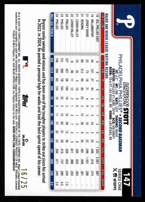 Bryson Stott 2025 Topps Series One #147 Wood Lumber /25 SP Philadelphia Phillies