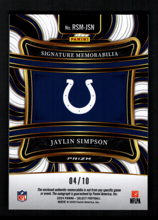 Jaylin Simpson 2024 Panini Select Gold /10 Rooke Laundry Patch RC Auto Colts