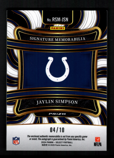 Jaylin Simpson 2024 Panini Select Gold /10 Rooke Laundry Patch RC Auto Colts
