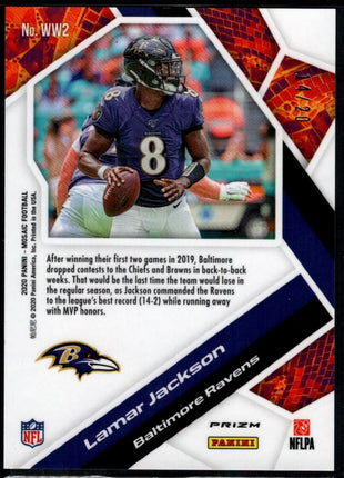 Lamar Jackson 2020 Panini Mosaic #WW2 Will to Win Gold Fluorescent /20 Ravens