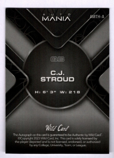 C.J. Stroud 2023 Wild Card Auto Mania #AMTH-A Black Lazer /2 RC Auto Texans