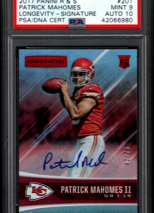 Patrick Mahomes II 2017 Rookies & Stars #201 Longevity /75 RC Auto PSA9/10 MINT