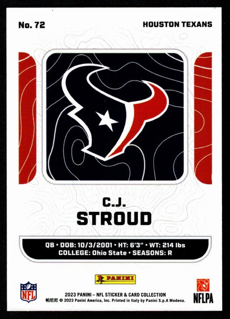 C.J. Stroud 2023 Panini Sticker Collection #72 Red Foil /149 Rookie RC Texans