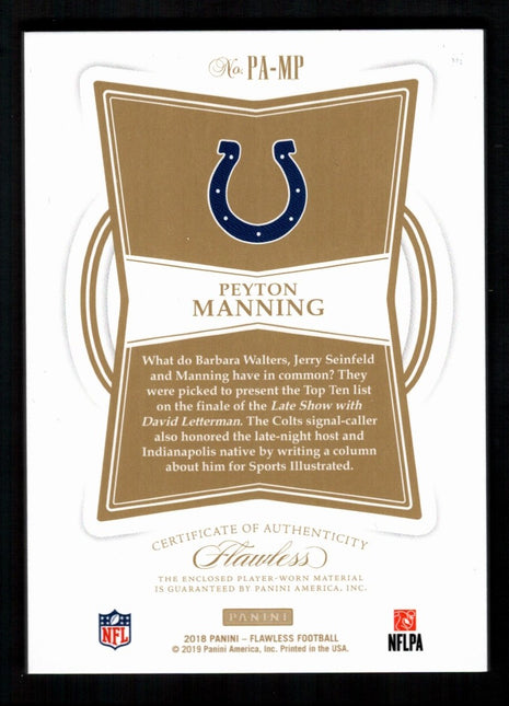 Peyton Manning 2018 Panini Flawless #PA-MP Platinum 3-Color Patch 1/1 Colts