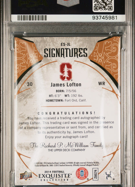 James Lofton 2014 Upper Deck Exquisite Collection #30 Sigs /99 Auto PSA10 GEM MT