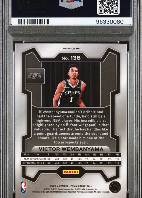 Victor Wembanyama 2023-24 Panini Prizm #136 Silver Prizm PSA10 GEM MT Spurs