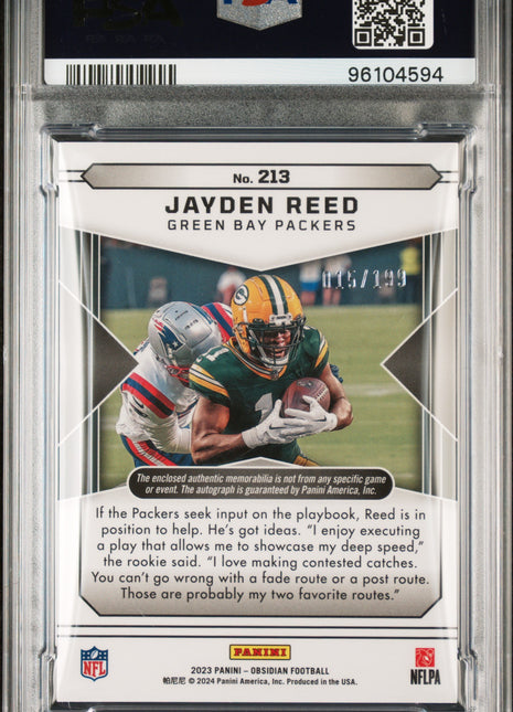 Jayden Reed 2023 Panini Obsidian #213 Jersey Autograph /199 Auto RC PSA9 MINT