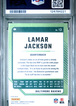 Lamar Jackson 2024 Panini Donruss Optic #13 Stars SSP PSA10 GEM MT Ravens