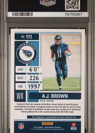 A. J. Brown 2019 Panini Contenders Rookie Ticket Green /23 RC Auto PSA8 NM-MT