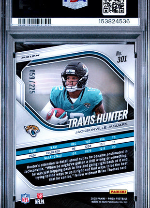 Travis Hunter 2025 Panini Prizm #301 Purple Ice /225 PSA10 GEM MT Jaguars