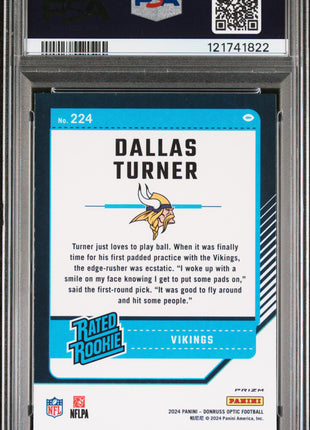 Dallas Turner 2024 Panini Donruss Optic #224 Blue Glitter RC SSP PSA10 GEM MT