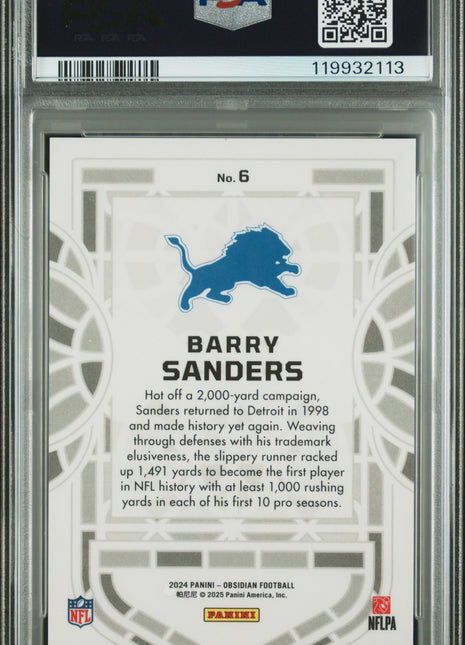 Barry Sanders 2024 Panini Obsidian #6 Black Stained Glass SSP PSA10 GEM MT