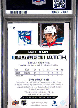 Matt Rempe 2024 Upper Deck SP Authentic #109 Horizontal /599 Auto PSA9 MINT
