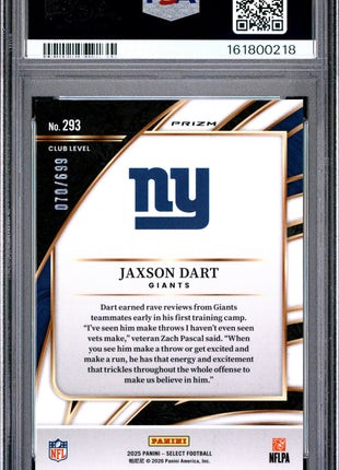 Jaxson Dart 2025 Panini Select #293 Purple Shock /699 RC PSA9 MINT Giants
