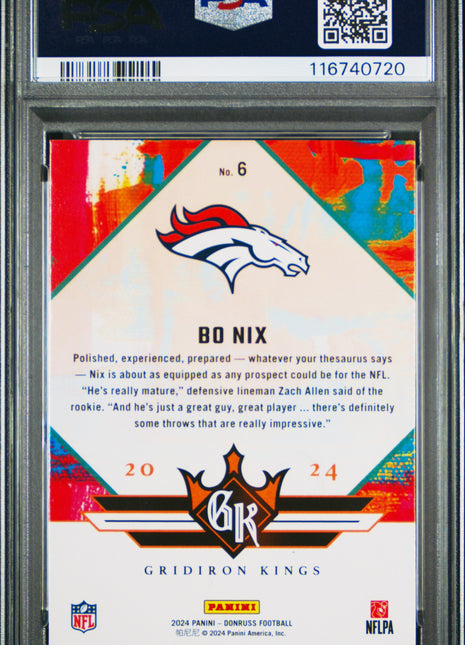 Bo Nix 2024 Panini Donruss #6 Rookie Gridiron Kings RC PSA10 GEM MT