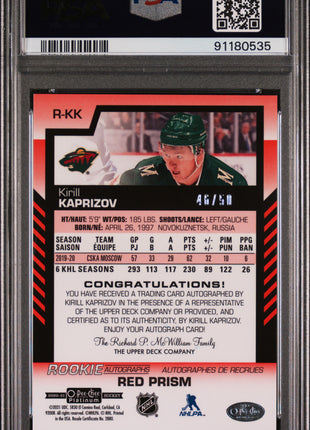 Kirill Kaprizov 2020 O-Pee-Chee Platinum Red Prism /50 RC Auto PSA10 GEM MT