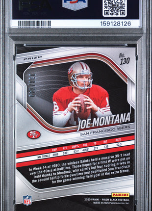 Joe Montana 2025 Panini Prizm Black #130 Purple Ice /149 PSA10 GEM MT 49ers