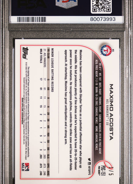Maximo Acosta 2022 Topps Pro Debut #151 Chrome Red Refractor /5 Auto PSA9 MINT