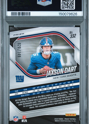 Jaxson Dart 2025 Panini Prizm #332 Red Wave /149 RC PSA10 GEM MT Giants