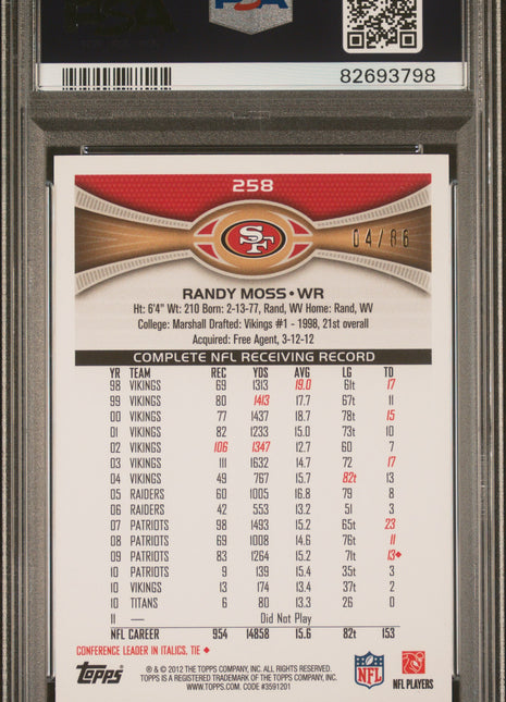 Randy Moss 2012 Topps #258 Orange /86 PSA10 GEM MT SF 49ers
